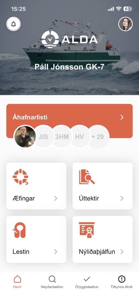 Alda-appið í síma: áhafnarlisti, æfingar, úttektir, lestin og nýliðaþjálfun